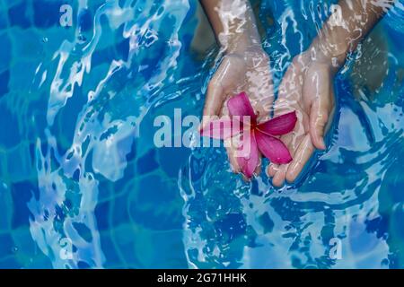 La mano dei bambini che tiene un fiore rosa su un'acqua della piscina Foto Stock