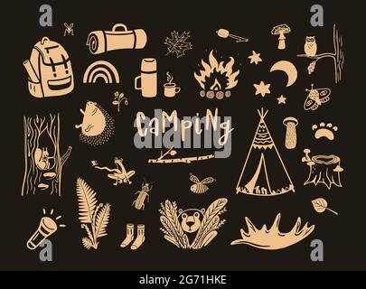 Camping mano disegnati carini elementi vettoriali sullo sfondo scuro Illustrazione Vettoriale