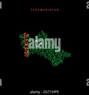Mappa della bandiera del Turkmenistan, schema di particelle caotiche nei colori della bandiera del Turkmenian. Illustrazione vettoriale isolata su sfondo nero. Illustrazione Vettoriale