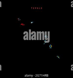 Mappa della bandiera di Tuvalu, schema di particelle caotiche nei colori della bandiera delle isole Ellice. Illustrazione vettoriale isolata su sfondo nero. Illustrazione Vettoriale