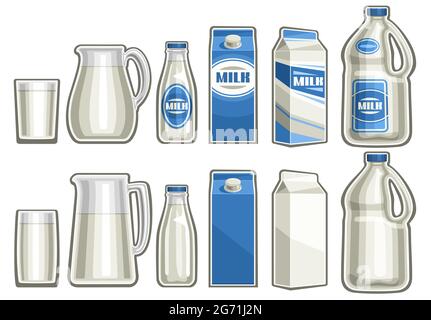 Vector Set of Milk Products, lotto di illustrazioni ritagliate varietà bicchieri completi, varie caraffe, cartoni animati bottiglie con liquido bianco, mock up di Illustrazione Vettoriale