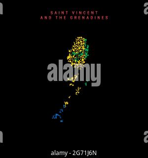Saint Vincent e la mappa della bandiera Grenadine, particelle caotiche modello nei colori della bandiera Vincenziana. Illustrazione vettoriale isolata su sfondo nero Illustrazione Vettoriale