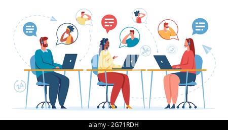 Ufficio call center. Operatore di assistenza clienti online con auricolare che parla con il cliente. Concetto vettoriale di specialisti di assistenza tecnica o hotline. Dipendenti con clienti che consultano i notebook Illustrazione Vettoriale