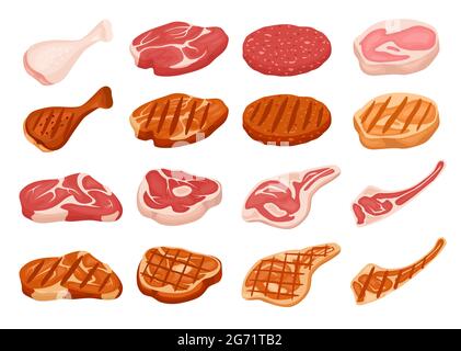 Carne fresca e alla griglia. Bistecca fritta di cartone animato con segni alla griglia. Pollo, maiale, manzo, polpettine di hamburger. Set vettoriale di carne cruda, cotta e arrosto. Cibo per barbecue, pasto dal macellaio isolato Illustrazione Vettoriale