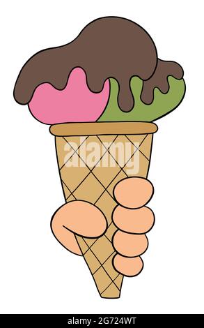 Cono di contenimento cartone animato, gelato e salsa di cioccolato, illustrazione vettoriale. Contorni colorati e neri. Illustrazione Vettoriale