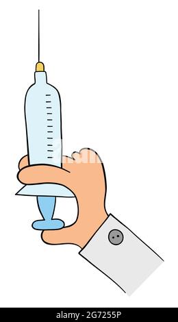 Siringa di supporto del medico del cartone animato o del veterinario, illustrazione del vettore. Contorni colorati e neri. Illustrazione Vettoriale