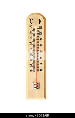 Termometro con temperatura estiva elevata isolato su sfondo bianco Foto Stock