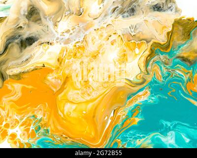 Turchese e arancio astratto creativo dipinto a mano sfondo, arte fluida, texture marmo, astratto oceano, pittura acrilica su tela. Arte moderna Co Foto Stock