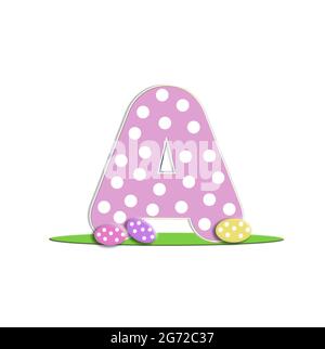 A nell'alfabeto 'uova di Pasqua' è coperto di pois di polka e decorato con uova di pasqua. Foto Stock