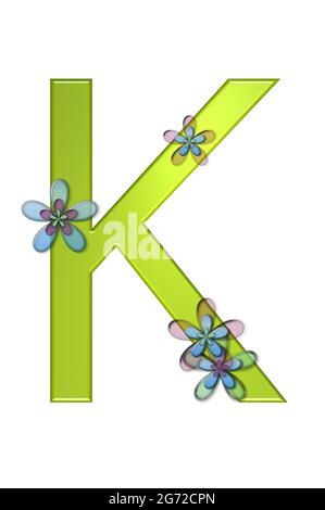 La lettera K Alphabet sembra essere fatta di gelatina verde brillante. E' decorata con semi-trasparenti, tre strati, fiori in rosa, blu e verde. Foto Stock