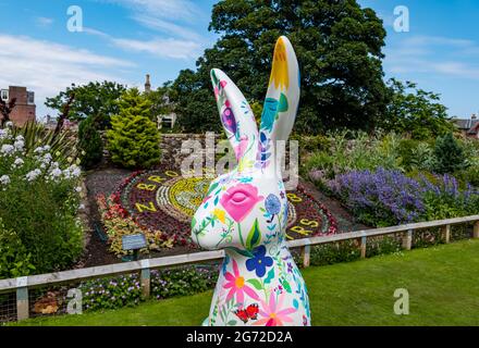 North Berwick, East Lothian, Scozia, Regno Unito, 10 luglio 2021. Il Big Hare Trail: Il sentiero inizia oggi e durerà 11 settimane con 10 gigantesche sculture di lepre dipinte a mano, ciascuna di un artista diverso, situate intorno alla città balneare. È organizzato da Leuchie House, una tregua di carità per le persone con disturbi neurologici. Nella foto: Una lepre dipinta da Rosie Watson nel parco Lodge Grounds Foto Stock