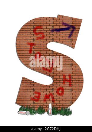 S, nell'insieme dell'alfabeto 'Street Alley', è riempito con mattoni ruvidi a formare una parete di lettera. Spruzzare le lattine di vernice che figliano le erbacce surcresciute e wo Foto Stock