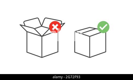 Set di icone Box. Illustrazione di un insieme vettoriale di caselle aperte e chiuse Illustrazione Vettoriale