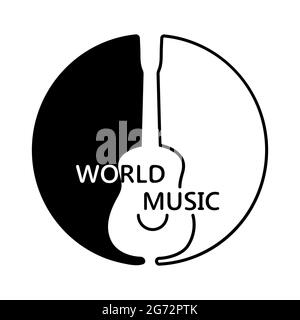 Logo rotondo bianco e nero con profilo di chitarra e testo World music. Illustrazione vettoriale della chitarra. Icona piatta su sfondo bianco. Emblema musicale. Illustrazione Vettoriale