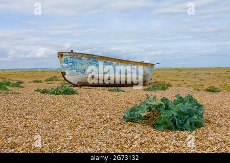 Dungeness, England, UK 09.2020 Abandoned boat on a deserty ghiaia Beach with Plants around against a cloudy Sky Foto Stock