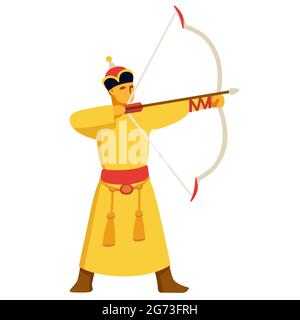 Arciere mongolo per il tradizionale festival di Naadam. Uomo mongolo in costume tradizionale (Deel) disegnando un arco. Immagine vettoriale clip art. Illustrazione Vettoriale