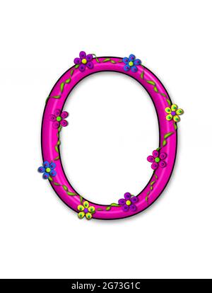 La lettera o, nell'insieme dell'alfabeto Bursting Blooms, è una lettera rosa. Fiori, viti e margherite avvolgono la lettera 3D in colori vivaci e divertenti. Foto Stock