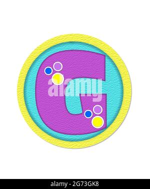 La lettera G, nell'alfabeto 'Crinkle Paper', è viola con grandi puntini di polka in giallo, blu e lilla. Letter Imposta un cerchio di aqua delineato in yel Foto Stock