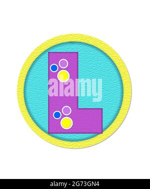 La lettera L, nell'alfabeto 'Crinkle Paper', è viola con grandi punti di polka in giallo, blu e lilla. Letter Imposta un cerchio di aqua delineato in yel Foto Stock