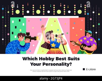 Scegliere hobby suiting your personality Bright colorful banner con cantante chitarra suonando l'uomo e fotografo illustrazione vettoriale Illustrazione Vettoriale