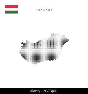 Mappa dei motivi a punti quadrati dell'Ungheria. Mappa dei pixel punteggiati ungheresi con bandiera nazionale isolata su sfondo bianco. Illustrazione vettoriale. Illustrazione Vettoriale