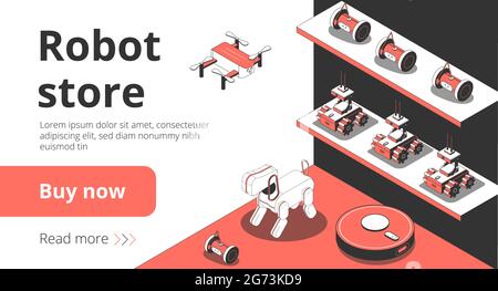 Robot online store pagina di destinazione isometrica con dispositivi per la pulizia intelligente dispositivi domestici artificiale intelligente drone animale illustrazione vettore Illustrazione Vettoriale