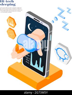 Concetto astratto e sfondo isometrico a colori e ad alta tecnologia per il sonno con illustrazione vettoriale Smart app Illustrazione Vettoriale