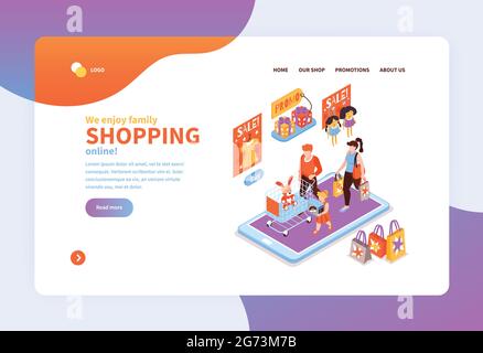 Banner di concetto di shopping online per i bambini isometrici per la landing page del sito web con link cliccabili e illustrazione vettoriale del testo Illustrazione Vettoriale