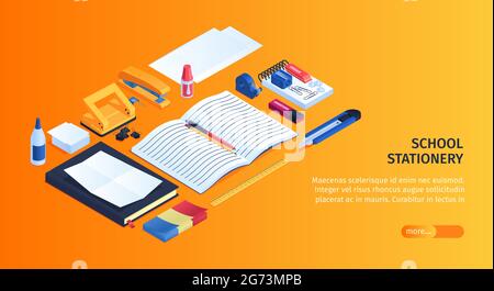 Sfondo di cancelleria della scuola con copybook di gomma e illustrazione vettoriale isometrica di colla Illustrazione Vettoriale