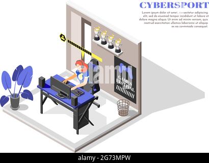 Cybersport composizione isometrica e colorata stanza isolata con computer da gioco e illustrazione vettoriale ragazza Illustrazione Vettoriale