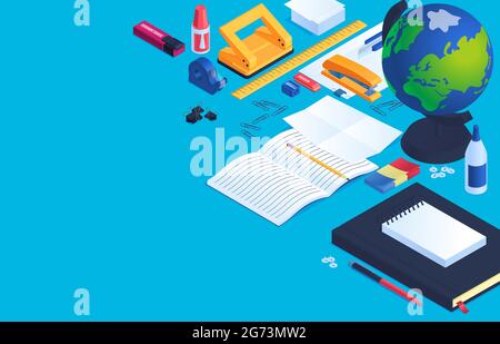 Sfondo di cancelleria per uffici e scuole con colla di gomma e illustrazione vettoriale isometrica del globo Illustrazione Vettoriale