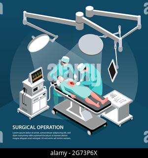 Background medico chirurgo isometrico con composizione di testo e persone che eseguono operazioni chirurgiche con moderne attrezzature illustrazione vettoriale Illustrazione Vettoriale