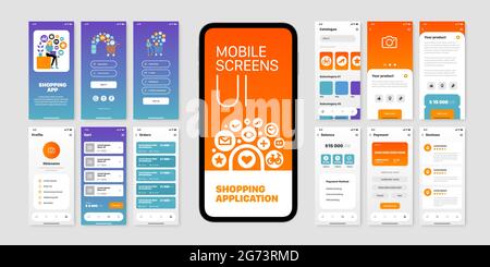 Schermi mobili impostati con l'interfaccia utente dell'applicazione di acquisto immagine vettoriale piatta isolata Illustrazione Vettoriale