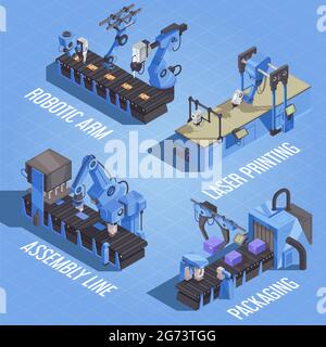 Composizione di automazione isometrica del robot con linea di assemblaggio per la stampa laser a braccio robotizzato e descrizione delle confezioni illustrazione vettoriale Illustrazione Vettoriale