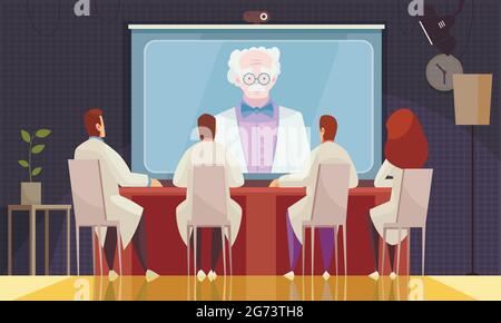 Composizione colorata della conferenza medica con tre scienziati o medici ascoltano l'oratore on-line illustrazione vettoriale Illustrazione Vettoriale
