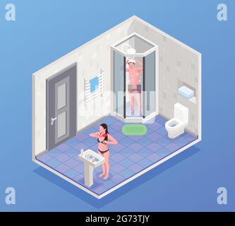 Concetto isometrico di igiene personale con illustrazione vettoriale del design moderno degli interni del bagno Illustrazione Vettoriale