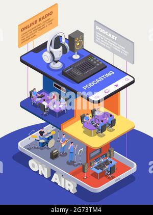 Concetto di studio radio con tecnico del suono e simboli di registrazione illustrazione vettoriale isometrica Illustrazione Vettoriale