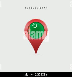 Cartografia a goccia con bandiera del Turkmenistan. Flag Turkmenian inserito nel pin della mappa della posizione. Illustrazione vettoriale isolata su sfondo grigio chiaro Illustrazione Vettoriale