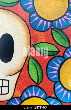 Immagine Day of the Dead; illustrazione fotografica; mezzo cranio scheletro circondato da fiori. Foto Stock