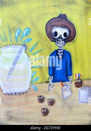 Immagine Day of the Dead; illustrazione fotografica; vecchio scheletro con bevande. Foto Stock