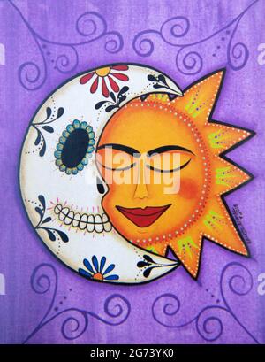 Immagine Day of the Dead; illustrazione fotografica; un giorno della Luna cranica morta connesso con un sole giallo/arancione. Foto Stock