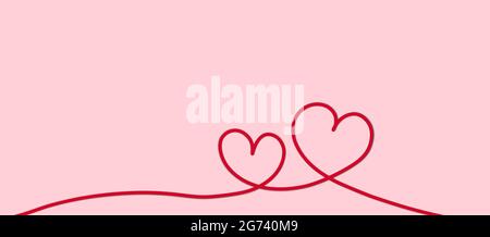 Piccoli e grandi cuori continui linea su sfondo rosa. 2 disegno continuo della forma del cuore. Panorama e Copia spazio. Concetto di amore. Foto Stock