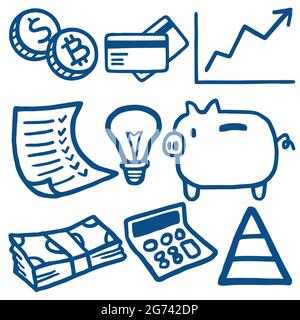 Icone di Doodle di finanza ed economia. Disegno disegnato a mano disegno disegno disegno disegno grafico vettoriale Illustrazione Vettoriale
