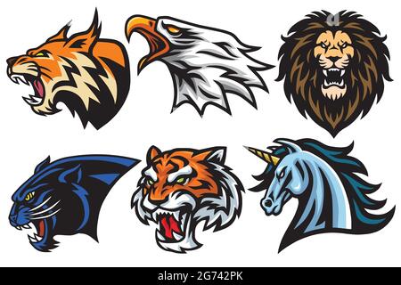 Set mascotte Wild Animals Heads con logo. Lion, Tiger, Jaguar, Lynx, Eagle, Unicorn - pacchetto di design con logo Vector Mascot Illustrazione Vettoriale
