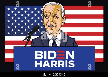 Joe Biden Presidential Election Campaign Speech Cartoon Caricature Vector Illustration with American Flag background. Washington, 3 novembre 2020 Illustrazione Vettoriale