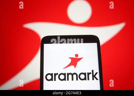 Ucraina. 10 luglio 2021. In questa illustrazione, il logo Aramark (Aramark Corporation) viene visualizzato sullo schermo dello smartphone. (Foto di Pavlo Gonchar/SOPA Images/Sipa USA) Credit: Sipa USA/Alamy Live News Foto Stock