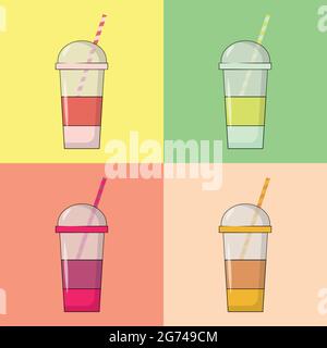 Illustrazione vettoriale di quattro tazze monouso multicolore con coperchio e cannuccia su sfondo colorato Illustrazione Vettoriale