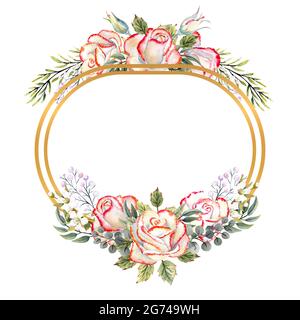 Cornice geometrica dorata con bouquet di rose bianche con foglie, rametti decorativi e bacche. Illustrazione watercolor per loghi, inviti Foto Stock