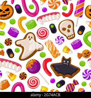 Halloween sfondo senza cuciture. Dolci natalizi, lecca e biscotti Illustrazione Vettoriale