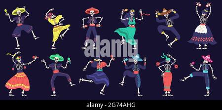 Dia de los muertos scheletri. Giorno di festa degli scheletri danzanti morti, festival messicano scheletro mascotte vettore illustrazione set. Halloween danzante Illustrazione Vettoriale